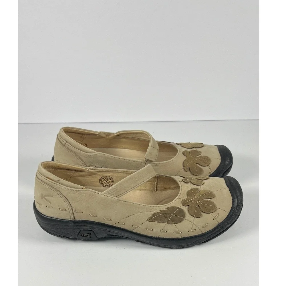 Keen Mary Jane Shoes Beige Leather Floral Leaf Applique Comfort Flats Womens 8.5